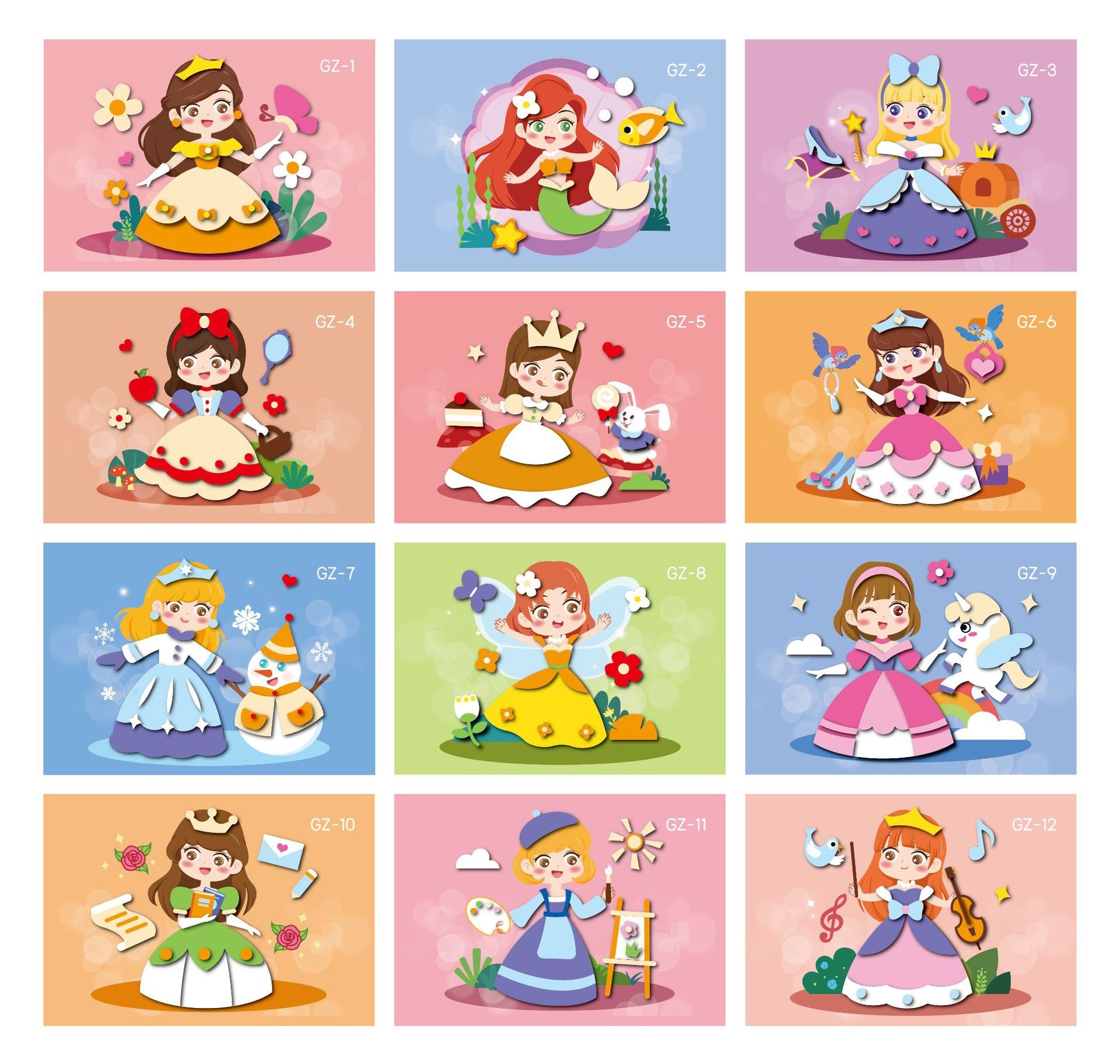 Kit de arte EVA 3D con temática de princesas, incluye 12 tarjetas con diseños de cuentos para fomentar la creatividad infantil.