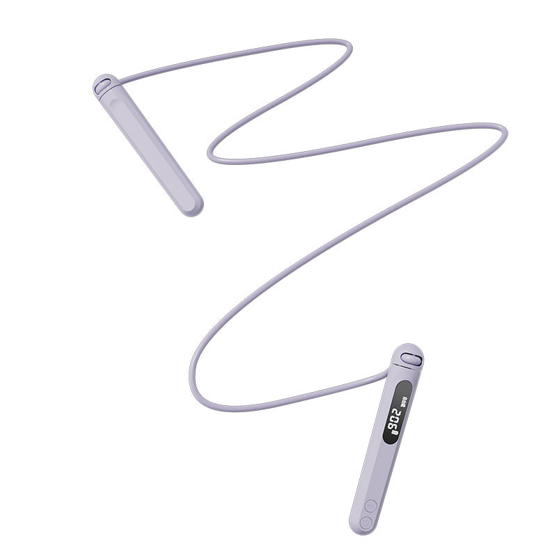 Comba digital inteligente lila extendida con pantalla LED. Perfecta para ejercicios de salto y entrenamiento cardiovascular eficiente.