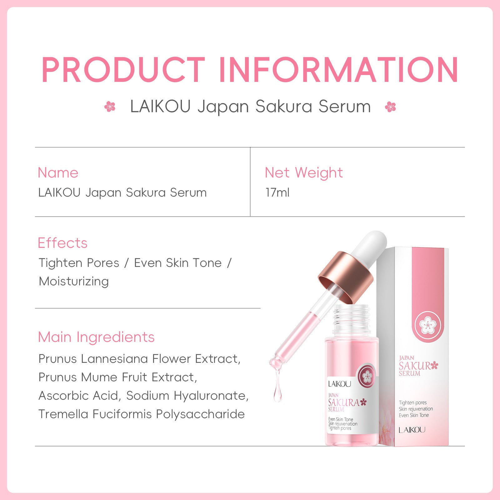 LaiKou Esencia Hidratante de Cereza Sakura de Japón 17ml: Suero Facial Hidratante y Reparador