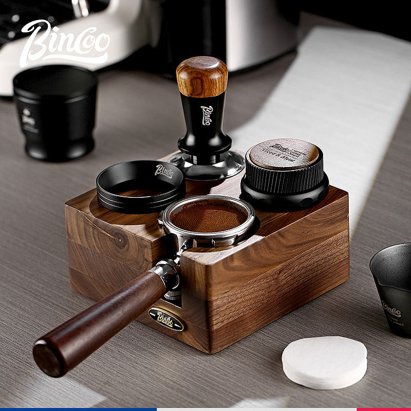 Kit de prensado de café italiano con base de madera de nogal y tamiz para espresso
