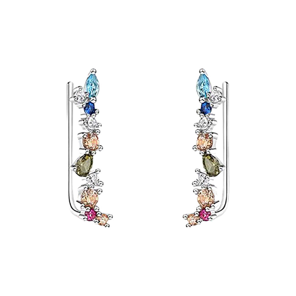 Aretes Trepadores con Circonias Multicolor en Plata Pura – Diseño de Gancho Juvenil