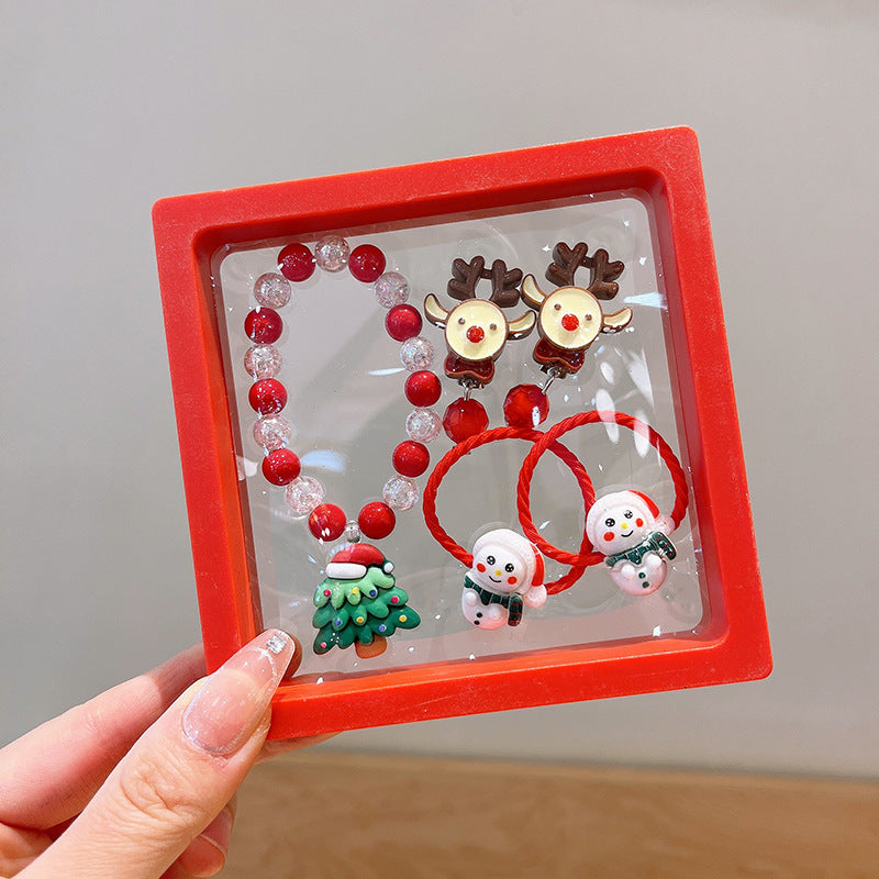 Conjunto Navideño para Niños | Pulseras, Pendientes y Coletas con Diseños de Reno y Santa Claus