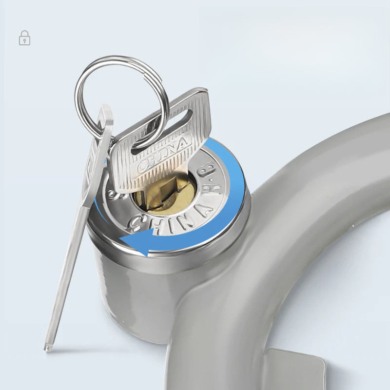 Llave insertada en el candado antirrobo para bicicleta modelo gris. Sistema de cierre seguro y fácil de usar para ciclistas.