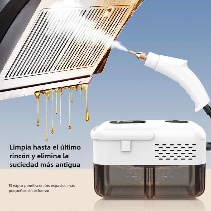 Limpiador de Vapor Portátil eliminando grasa en campana extractora. Alta temperatura para desinfectar rincones difíciles del hogar.
