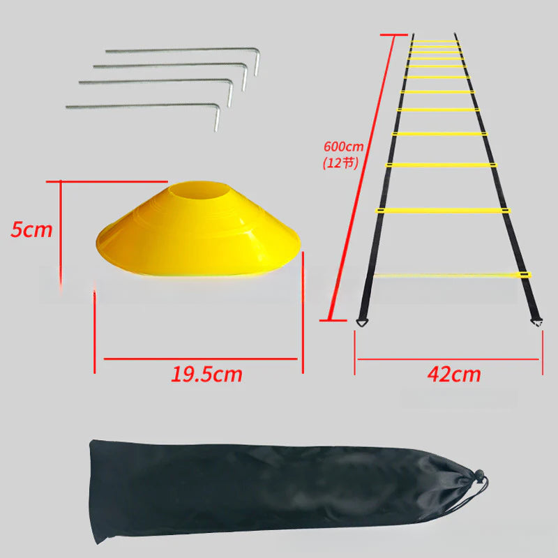 Componentes del set de entrenamiento deportivo: escalera de agilidad de 6 m, conos de 19.5 cm, estacas metálicas y bolsa de transporte.