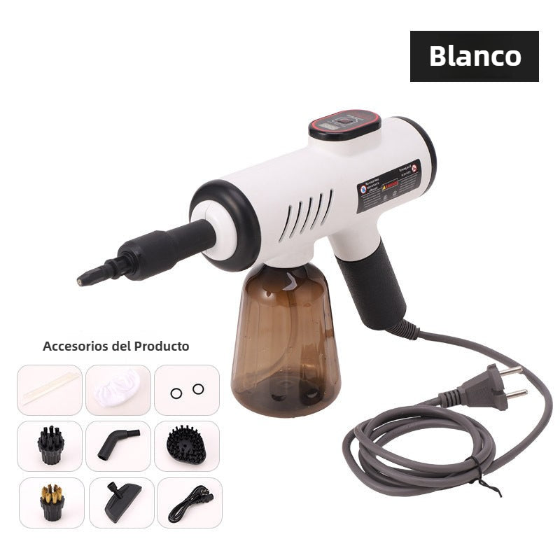 Pistola de vapor portátil blanca con pantalla digital y múltiples accesorios. Limpieza versátil con alta presión y temperatura.