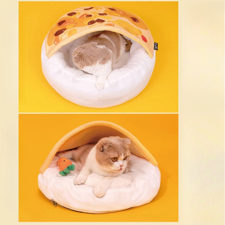 Cama antiestrés para mascotas con diseño de huevo frito, termal y curry – Original y divertida
