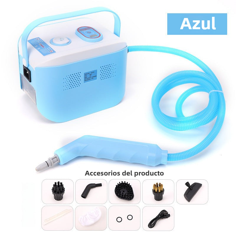 Limpiadora de vapor portátil azul 1500W con pantalla digital y accesorios incluidos, ideal para cocina, baño y superficies múltiples.