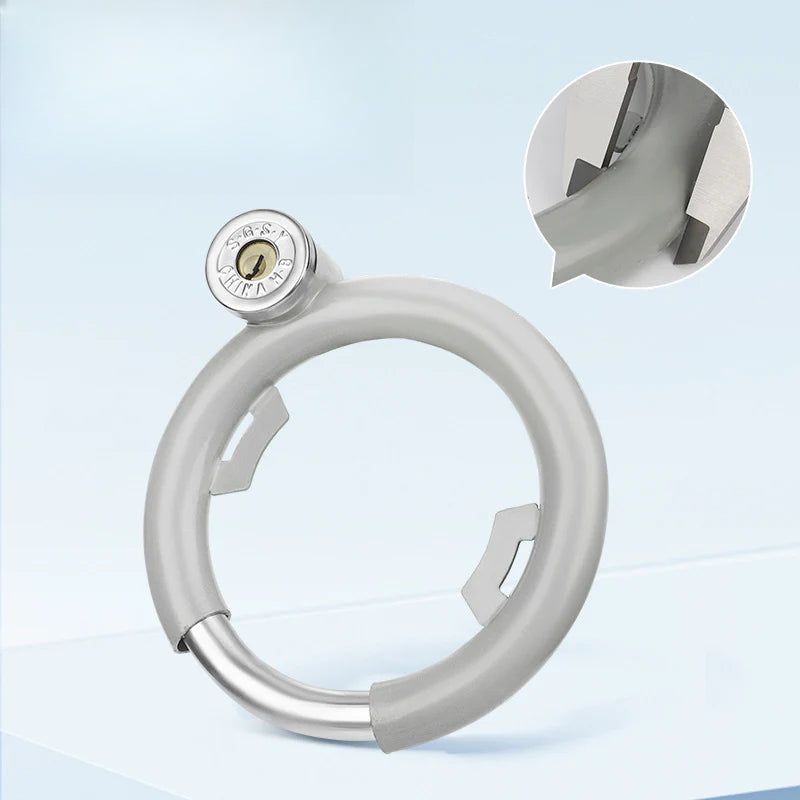Candado antirrobo para bicicleta modelo gris con cierre circular y dientes de anclaje. Alta resistencia para uso exterior.