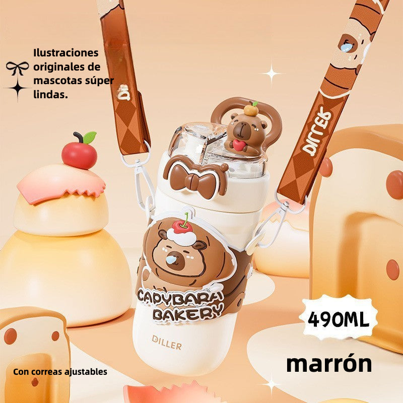 Capybara 316L Straw Thermos Cup: New High-Value Design for Children and Students, Portable Flip-Top Dual-Use Water Cup