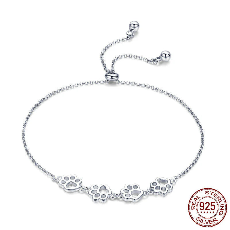Pulsera ajustable de plata 925 con huellas de perro y cierre deslizante