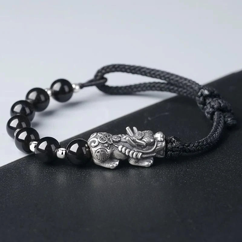 Pulsera de hombre de obsidiana negra con plata: regalo de cumpleaños, trenzado, perlas, atrayendo riquezas