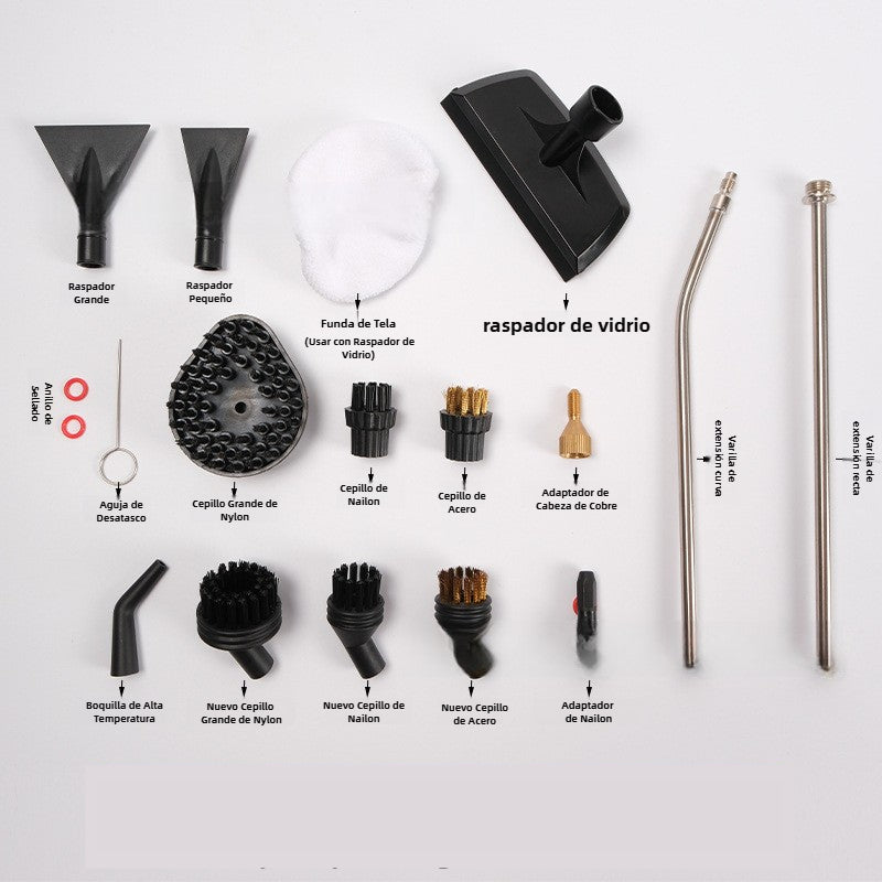 Accesorios del limpiador de vapor portátil 1600ml, incluye cepillos, boquillas, raspadores y adaptadores para limpieza versátil.