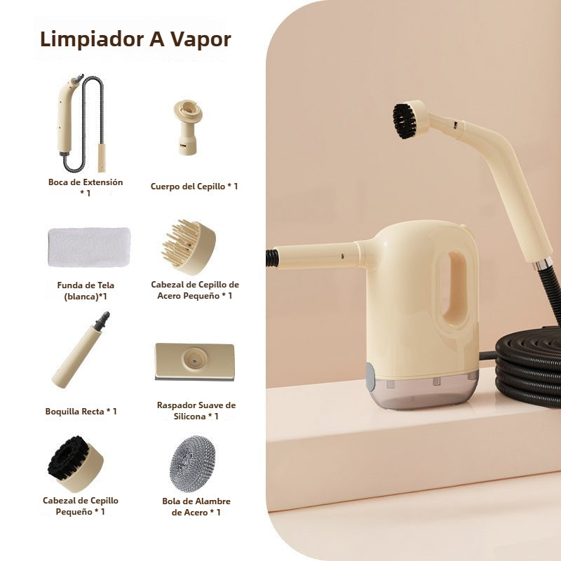 Set completo de limpiadora a vapor con múltiples cabezales para cocina y baño, incluye cepillos, boquillas y funda de tela para limpieza profunda.