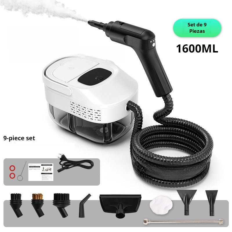 Limpiador de vapor tanque grande 1600ml portátil con accesorios intercambiables para limpieza eficiente en el hogar.