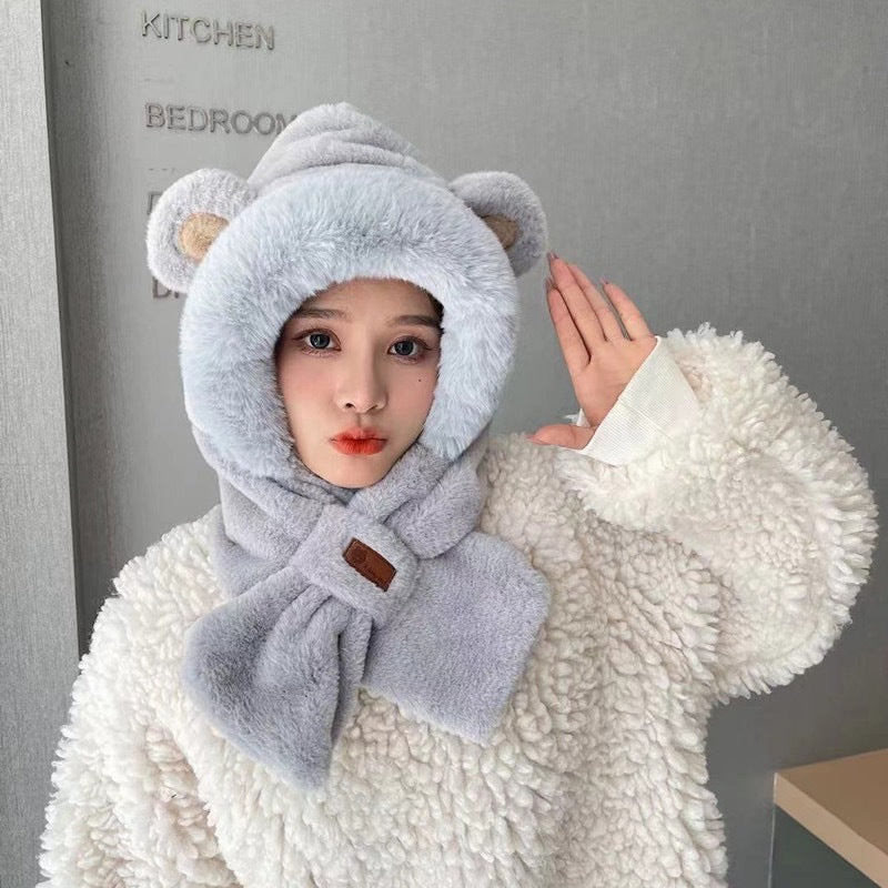 Gorro de Invierno con Orejas y Bufanda Integrada para Mujer Imitación Peluche