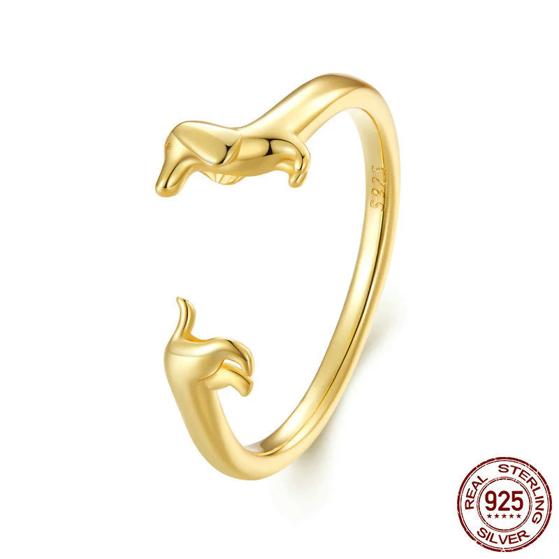 Anillo Ajustable Perro Salchicha Plata 925: Anillo de Plata Esterlina Dachshund Multicolor, Joya Animal Adorable para Amantes de los Perros