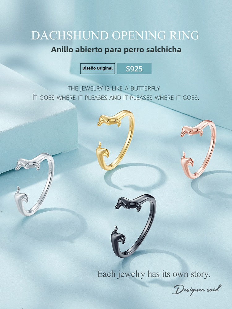 Anillo Ajustable Perro Salchicha Plata 925: Anillo de Plata Esterlina Dachshund Multicolor, Joya Animal Adorable para Amantes de los Perros