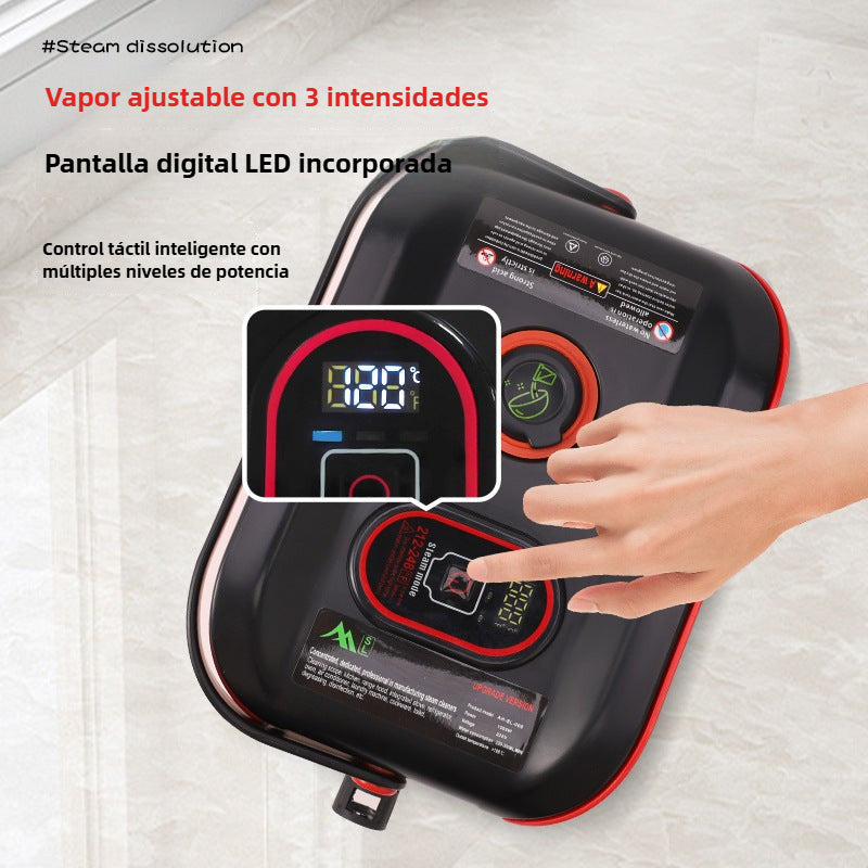 Panel superior de limpiadora de vapor 1500W con pantalla digital LED y control táctil de 3 niveles de temperatura para limpieza eficiente.