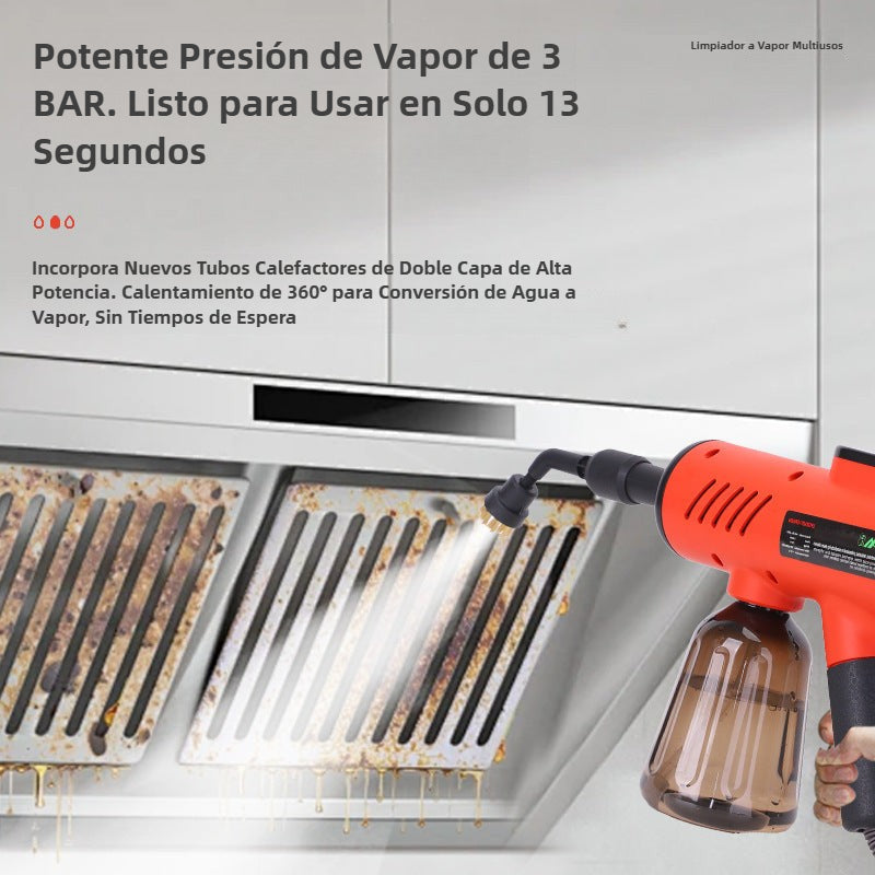 Pistola de vapor portátil con pantalla digital limpiando filtros de cocina. Alta presión de vapor lista en 13 segundos.