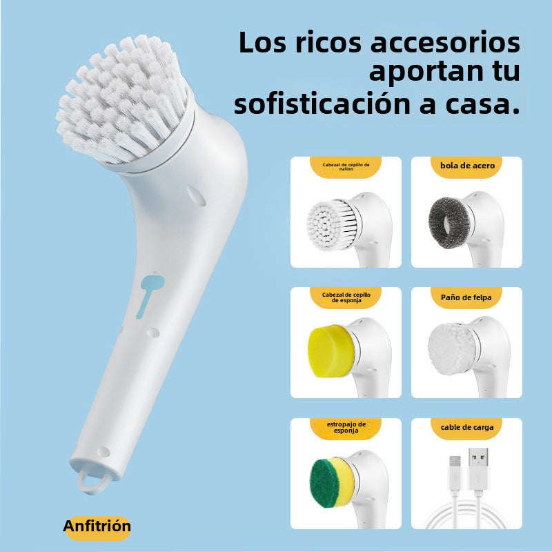 Cepillo de limpieza eléctrico de cocina: cepillo de acero inoxidable con cinco cabezales y mango largo, herramienta de lavado de platos