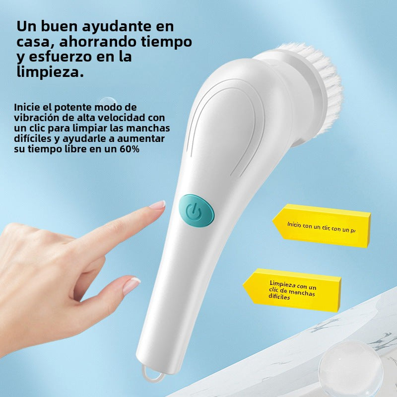 Cepillo de limpieza eléctrico de cocina: cepillo de acero inoxidable con cinco cabezales y mango largo, herramienta de lavado de platos