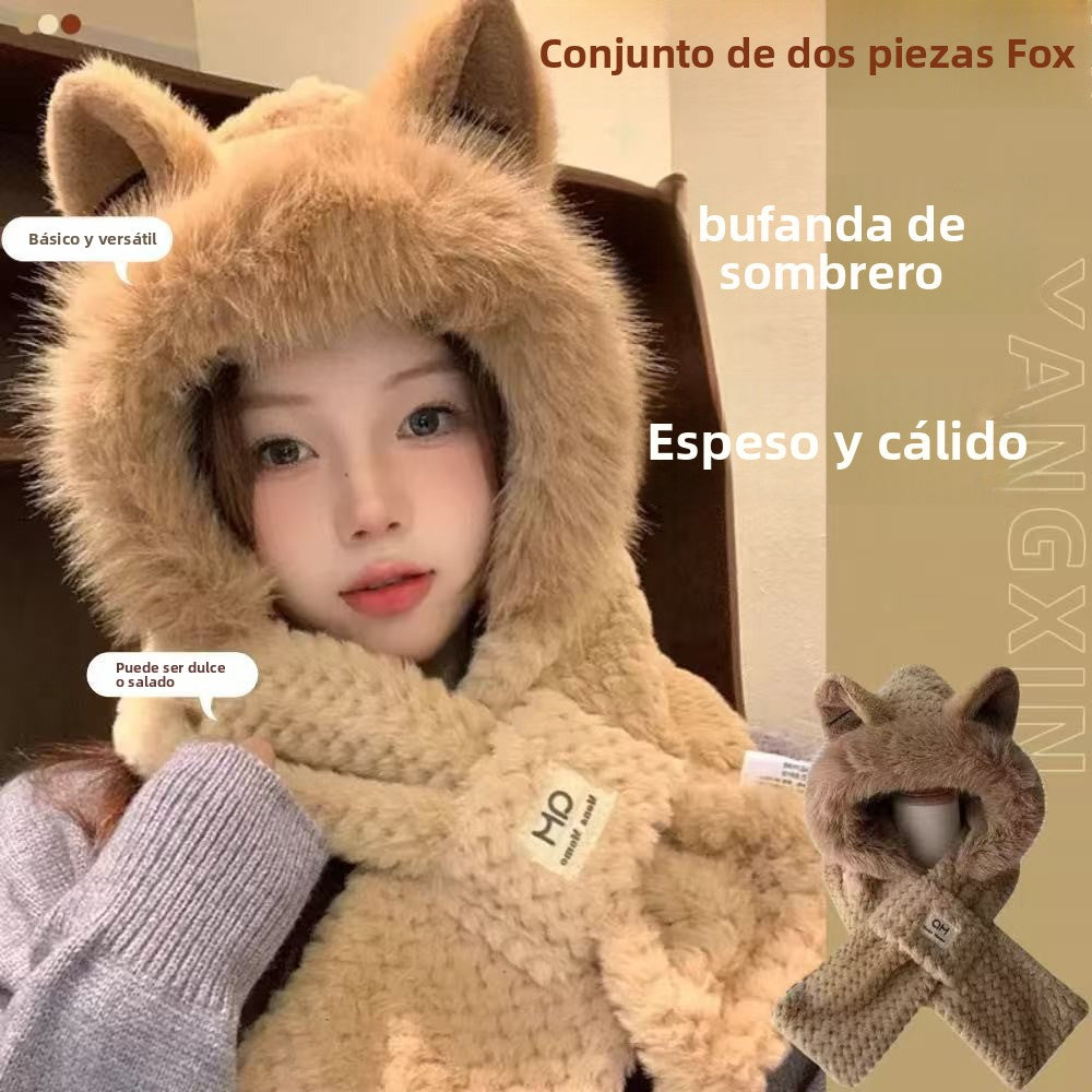 Gorro de Invierno con Orejas y Bufanda Integrada para Mujer Imitación Peluche