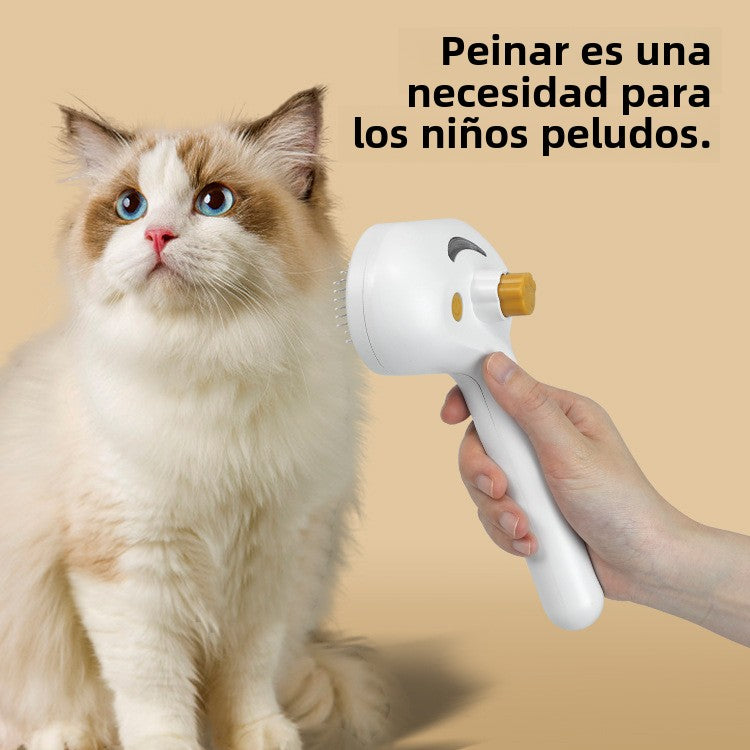 Cepillo con spray integrado para mascotas, ideal para eliminar pelo suelto y desenredar