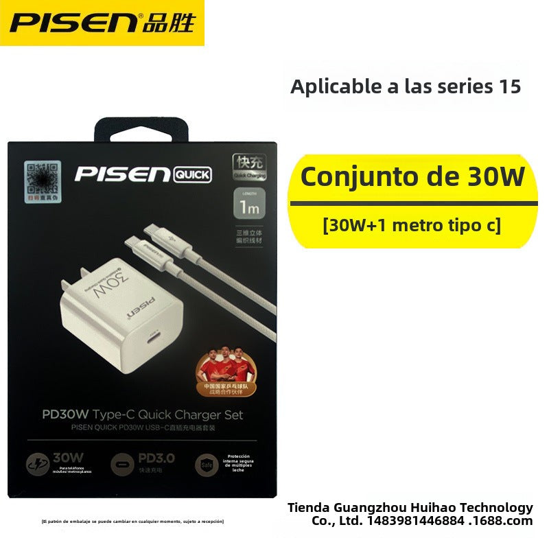 Cargador Rápido PD 30W para iPhone 15: Cable de Datos Tipo C Doble Cabeza