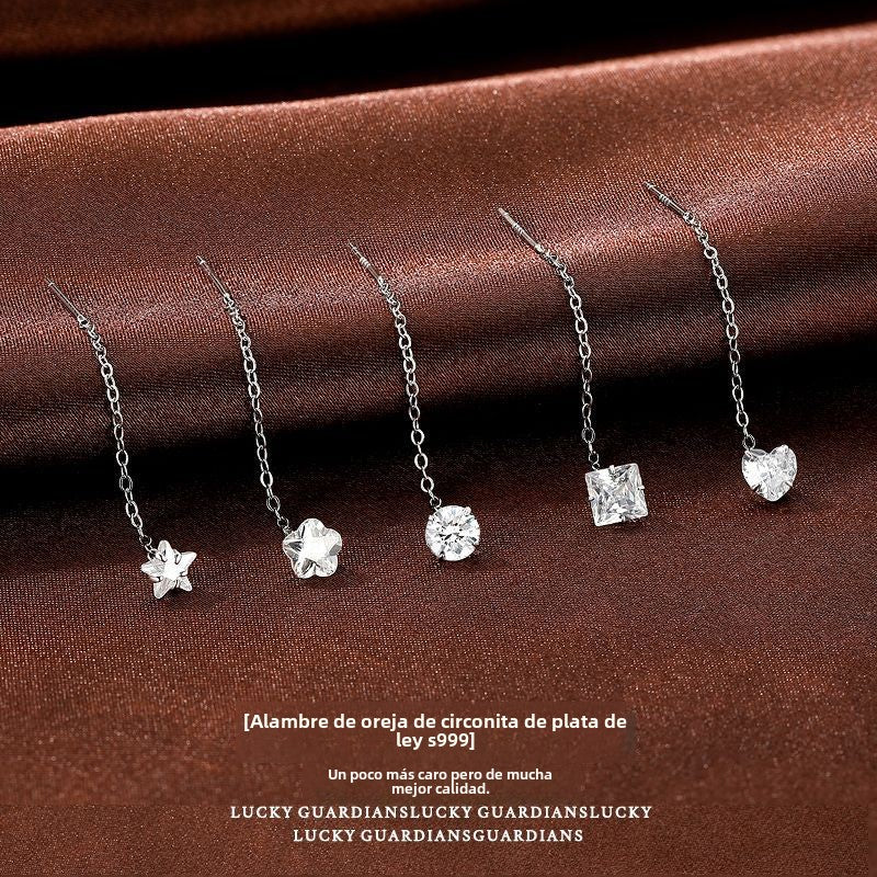 Pendientes Enhebrador de Plata 999 con Zirconia – Diseño Juvenil, Cadena Colgante