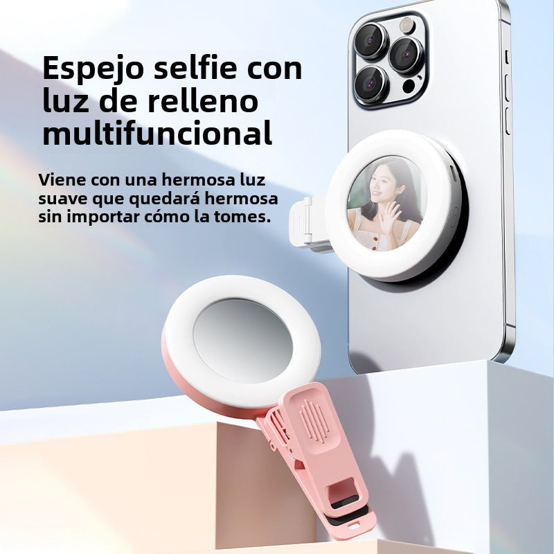 Espejo de teléfono portátil con luz LED: Mini luz de relleno anular para selfies