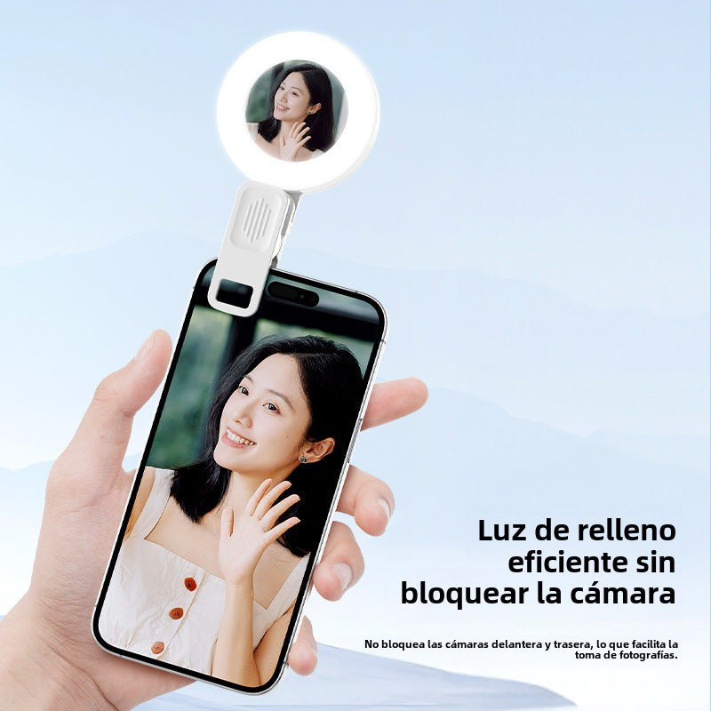 Espejo de teléfono portátil con luz LED: Mini luz de relleno anular para selfies