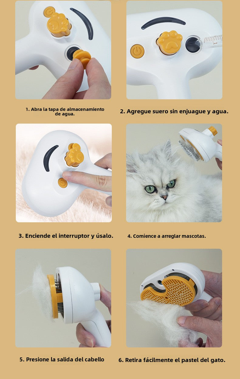 Cepillo con Spray Integrado para Mascotas: Peine Desenredante para Perros y Gatos, Elimina Pelo Muerto y Nudos, Uso Profesional