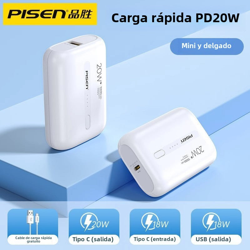 Power Bank Pisen 10000mAh: Carga Rápida de 20W, Portátil y Ultra Delgado, Compatible con iPhone y Android