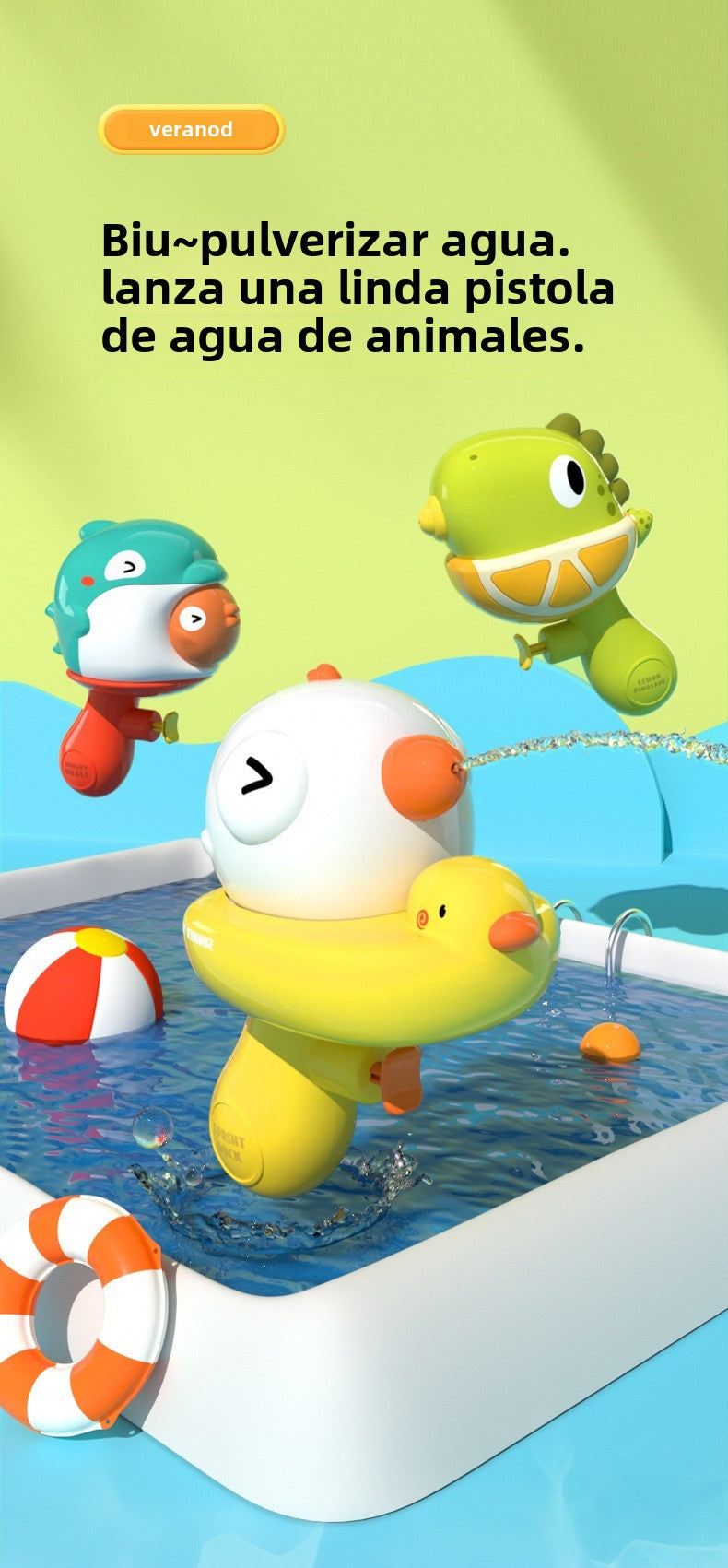 Pistolas de Agua para Niños con Diseño de Animales: Patito Amarillo y Dinosaurio, Juguetes de Verano para Playa y Juegos Acuáticos