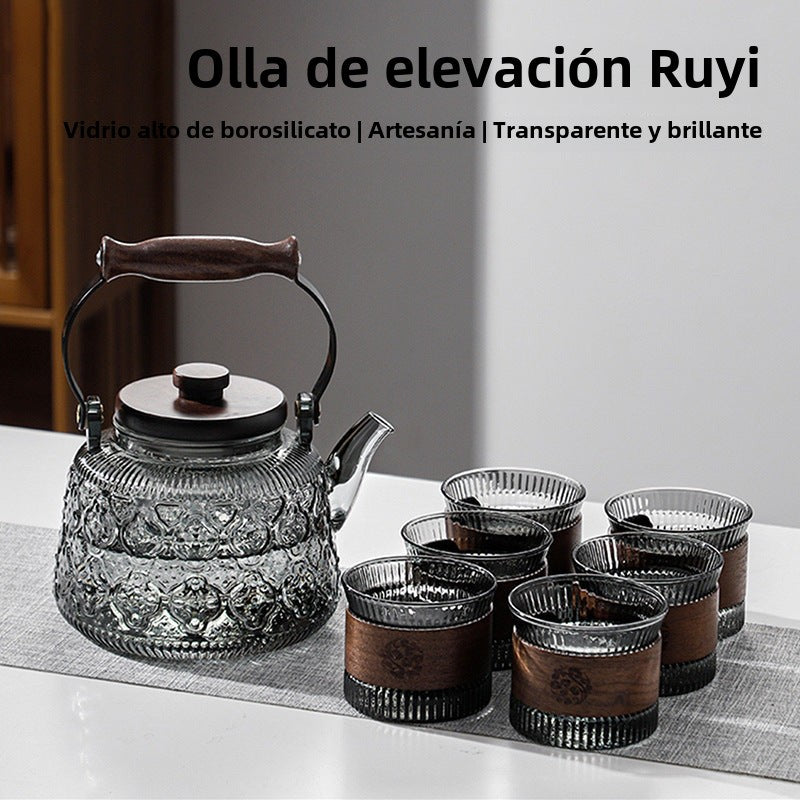 Tetera de vidrio con mango de nuez: hervidor de agua y juego de tazas de té, apto para calentar
