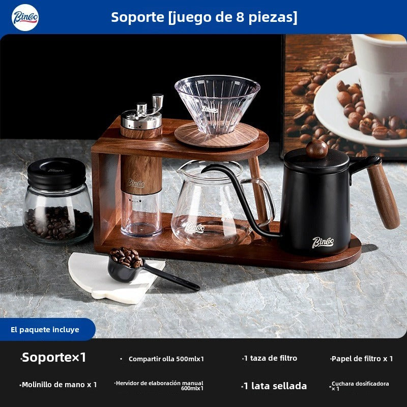 Conjunto de Cafetera Manual Bincoo: Hervidor, Filtro de Vidrio, Soporte de Madera Vintage, Portátil y para el Hogar