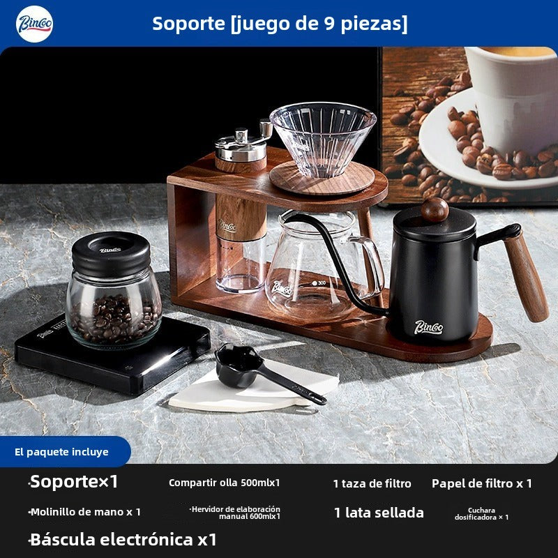 Conjunto de Cafetera Manual Bincoo: Hervidor, Filtro de Vidrio, Soporte de Madera Vintage, Portátil y para el Hogar