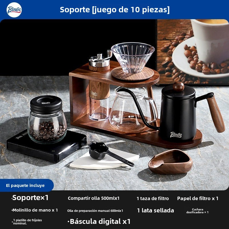 Conjunto de Cafetera Manual Bincoo: Hervidor, Filtro de Vidrio, Soporte de Madera Vintage, Portátil y para el Hogar