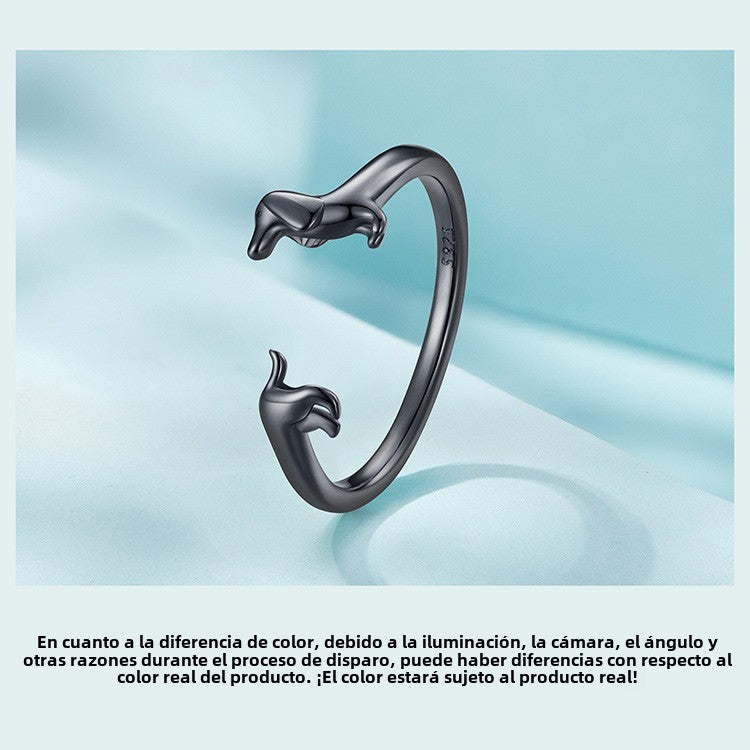 Anillo Ajustable Perro Salchicha Plata 925: Anillo de Plata Esterlina Dachshund Multicolor, Joya Animal Adorable para Amantes de los Perros