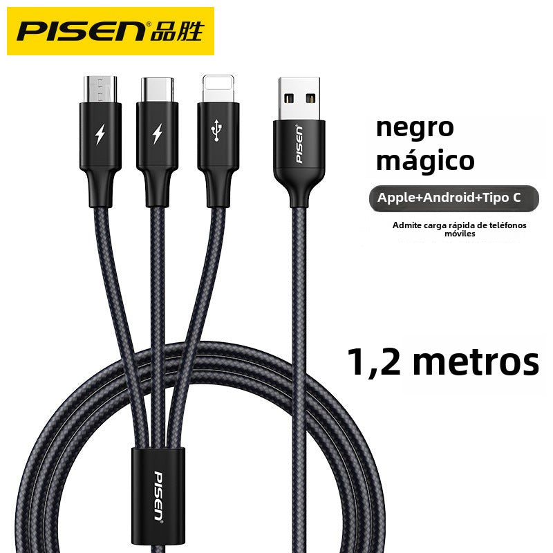 Cable de datos 3 en 1 Pisen de aleación de aluminio: Compatible con iPhone/Android y teléfonos TYPE-C