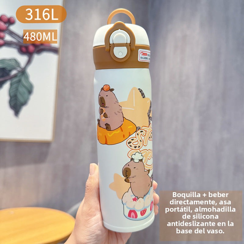 Capybara 316L Straw Thermos Cup: New High-Value Design for Children and Students, Portable Flip-Top Dual-Use Water Cup