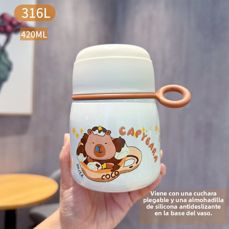 Capybara 316L Straw Thermos Cup: New High-Value Design for Children and Students, Portable Flip-Top Dual-Use Water Cup