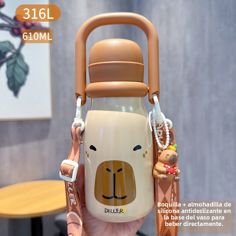 Capybara 316L Straw Thermos Cup: New High-Value Design for Children and Students, Portable Flip-Top Dual-Use Water Cup