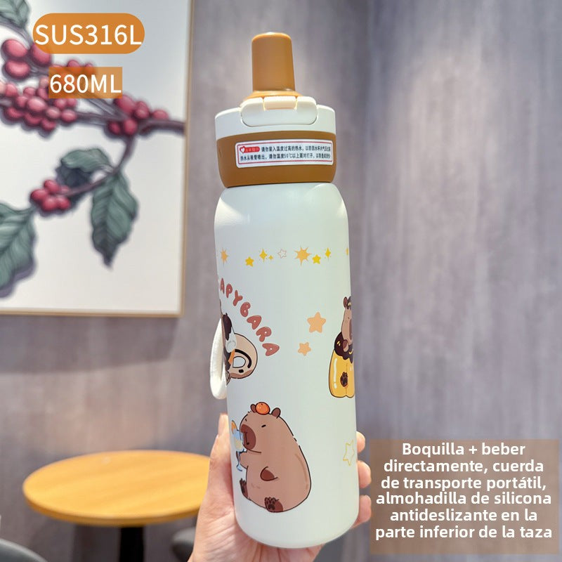 Capybara 316L Straw Thermos Cup: New High-Value Design for Children and Students, Portable Flip-Top Dual-Use Water Cup