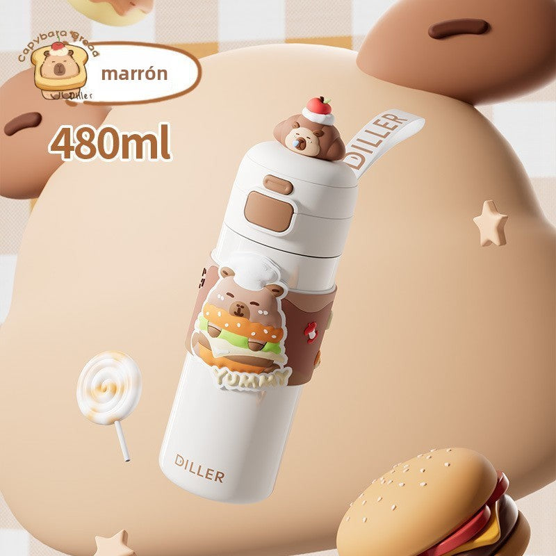 Capybara 316L Straw Thermos Cup: New High-Value Design for Children and Students, Portable Flip-Top Dual-Use Water Cup