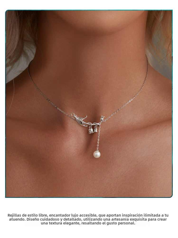 Collar de flores de lirio de los valles con perlas de plata S925: diseño único, collar de clavícula para mujer