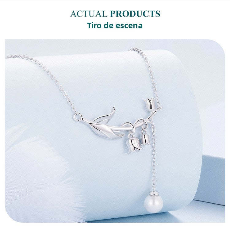 Collar de flores de lirio de los valles con perlas de plata S925: diseño único, collar de clavícula para mujer
