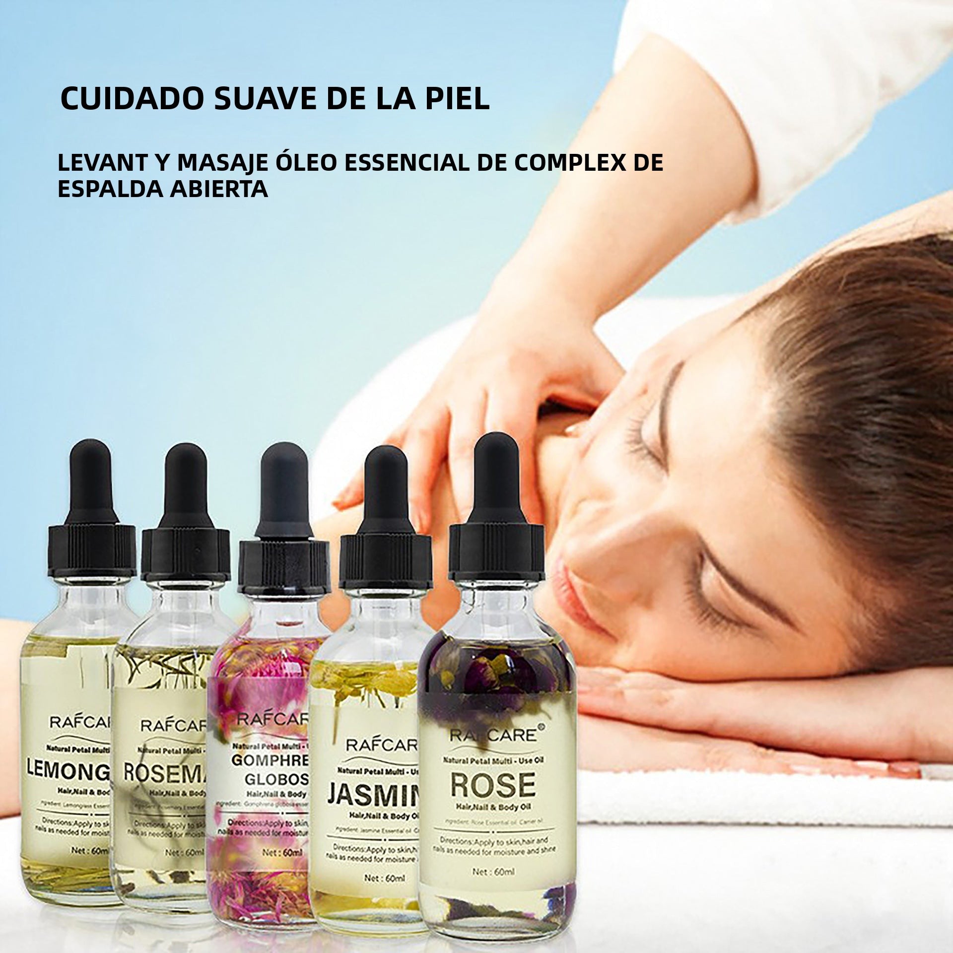 Aceite Esencial de Flores y Plantas Compuestas para Cuidado Corporal con pétalos naturales, ideal para masajes relajantes y cuidado de la piel.