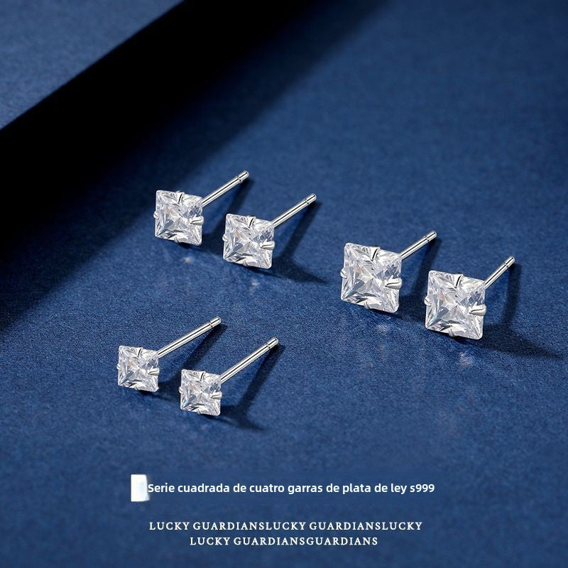 Pendiente Botón de Zirconia Corte Diamante en Plata Pura S999 – Diseño Elegante y Minimalista